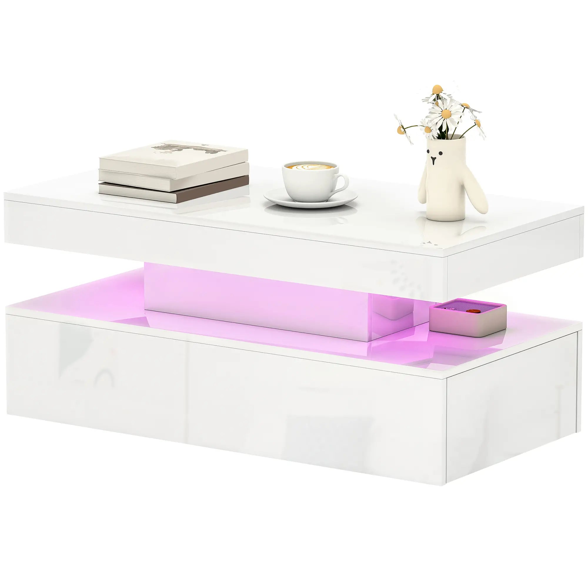 LED Coffee Table, 2 Drawers, Open Shelf, High Gloss White, White Coffee Tables High Gloss White at Gallery Canada