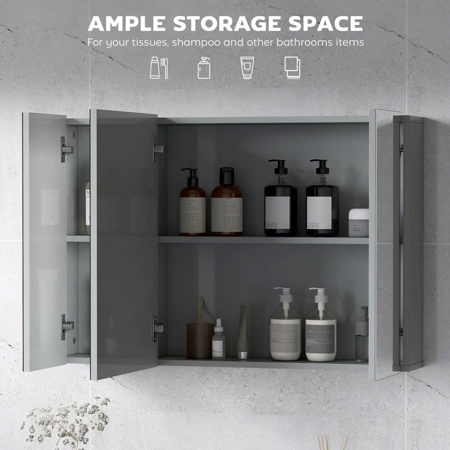 35" x 24" Wall Mirror Cabinet, Bathroom Medicine Cabinet, 3 Doors, Adjustable Shelves, Grey Mirror Medicine Cabinets at Gallery Canada