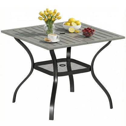 Square Patio Table With Umbrella Hole, Shelf, Slatted Faux Wood Steel Top, Grey