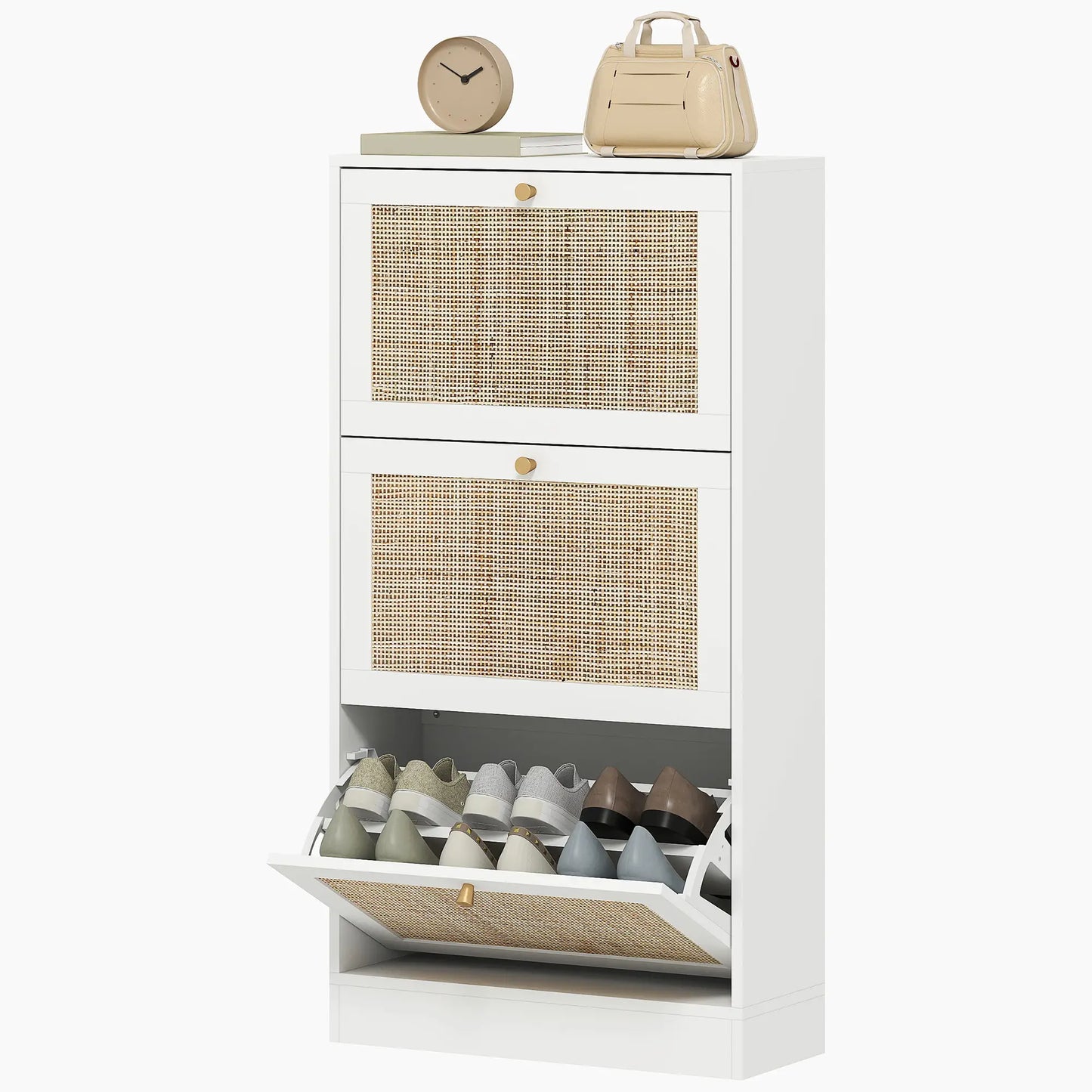 Rattan Shoe Storage Cabinet, 3 Flip Drawers, Adjustable Shelves, 18 Pairs, White Shoe Storage Cabinets & Racks White, Natural Wood at Gallery Canada