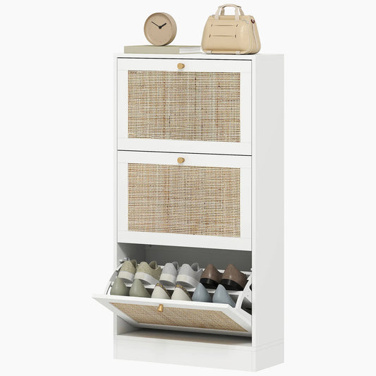 Rattan Shoe Storage Cabinet, 3 Flip Drawers, Adjustable Shelves, 18 Pairs, White Shoe Storage Cabinets & Racks White, Natural Wood at Gallery Canada