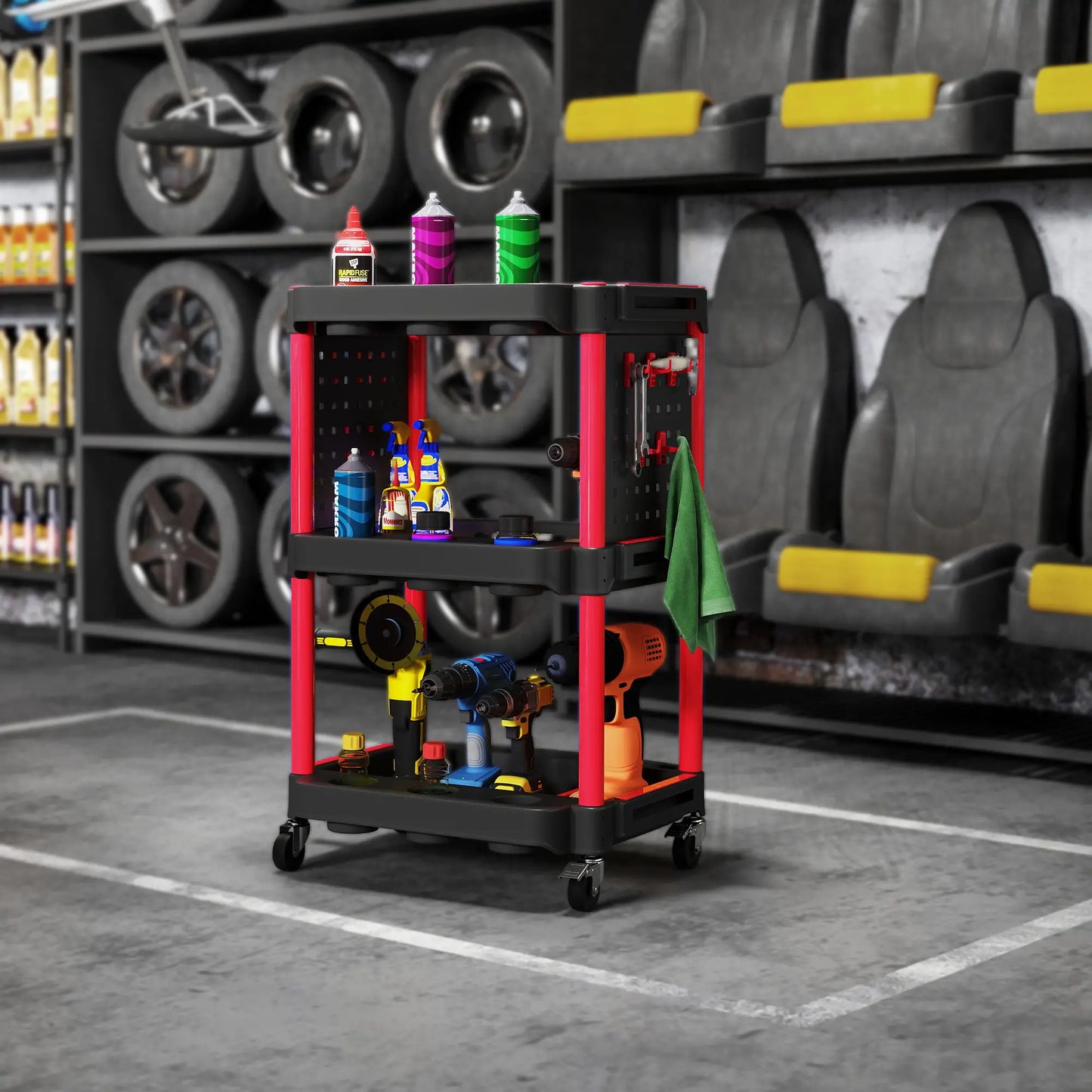 3-Tier Rolling Tool Cart, 200 LBS Capacity, Black & Red Tool Organizers at Gallery Canada