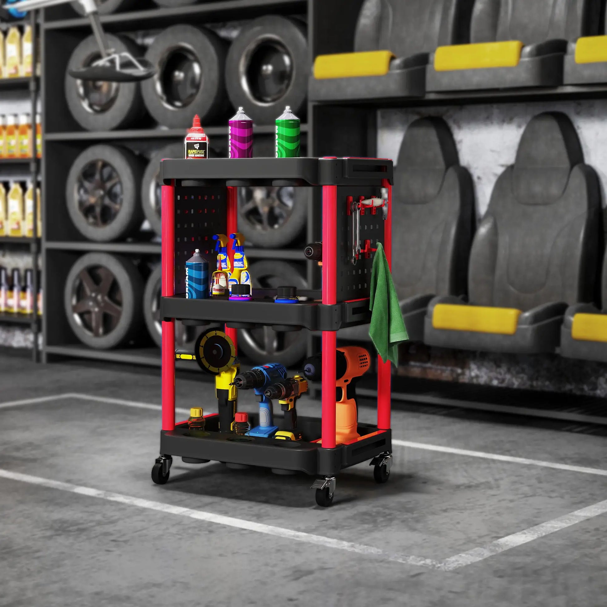 3-Tier Rolling Tool Cart, 200 LBS Capacity, Black & Red Tool Organizers at Gallery Canada