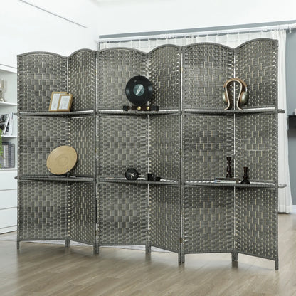 6 FT Privacy Screen, 6 Panel Room Divider With Shelves, Grey