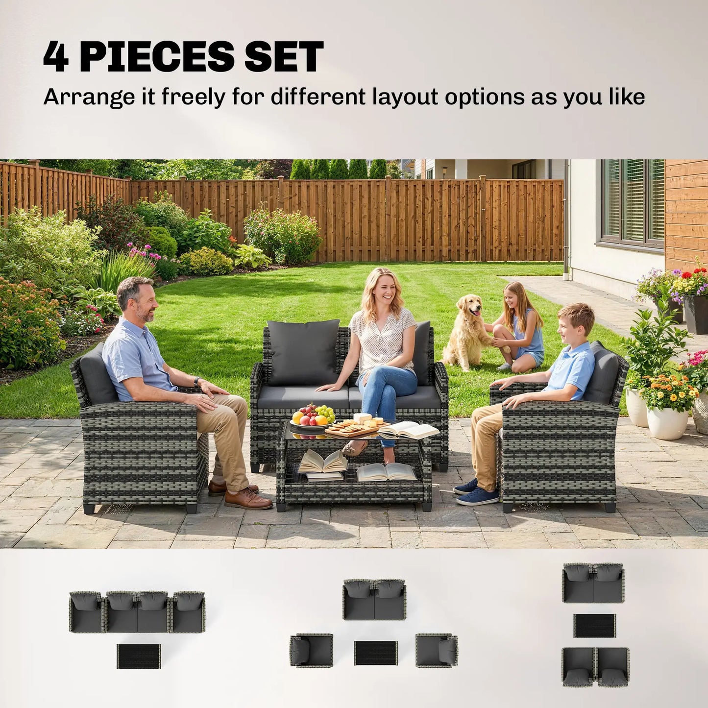 4 Piece Wicker Patio Furniture Set, Loveseat, Chairs, Table, Dark Grey Patio Furniture Sets at Gallery Canada