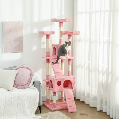 68-Inch Multi-Level Cat Scratching Tree, Kitty Activity Center, Pink
