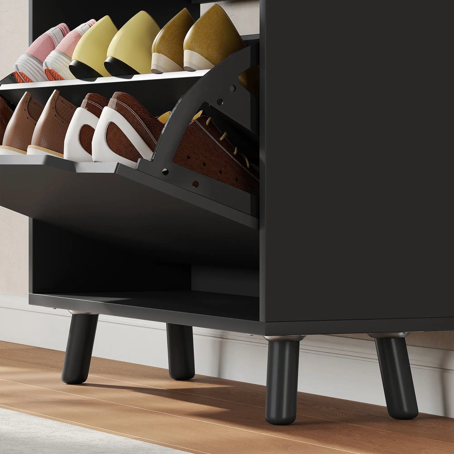 Narrow Shoe Cabinet, 2 Flip Drawers, Top Drawer, Adjustable Shelves, Black Shoe Storage Cabinets & Racks at Gallery Canada