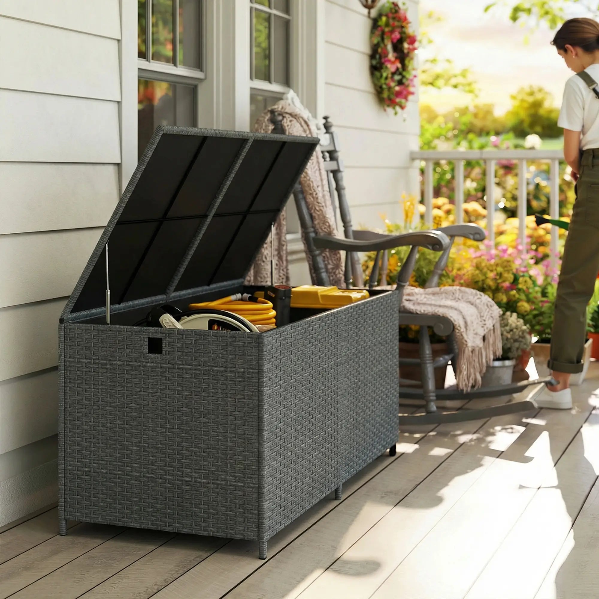 162 Gallon Rattan Deck Box With Wheels, Waterproof Zippered Liner, Pneumatic Rod Patio Storage Boxes at Gallery Canada