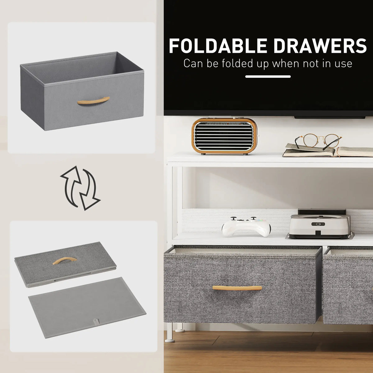 Meuble TV avec Station de Recharge, 2 Tiroirs Pliables, Étagère Ouverte, 47 Pouces, Blanc
