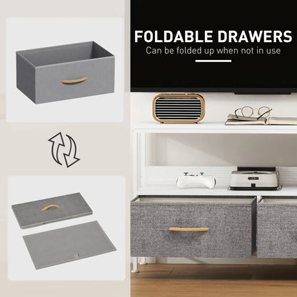 Meuble TV avec Station de Recharge, 2 Tiroirs Pliables, Étagère Ouverte, 47 Pouces, Blanc
