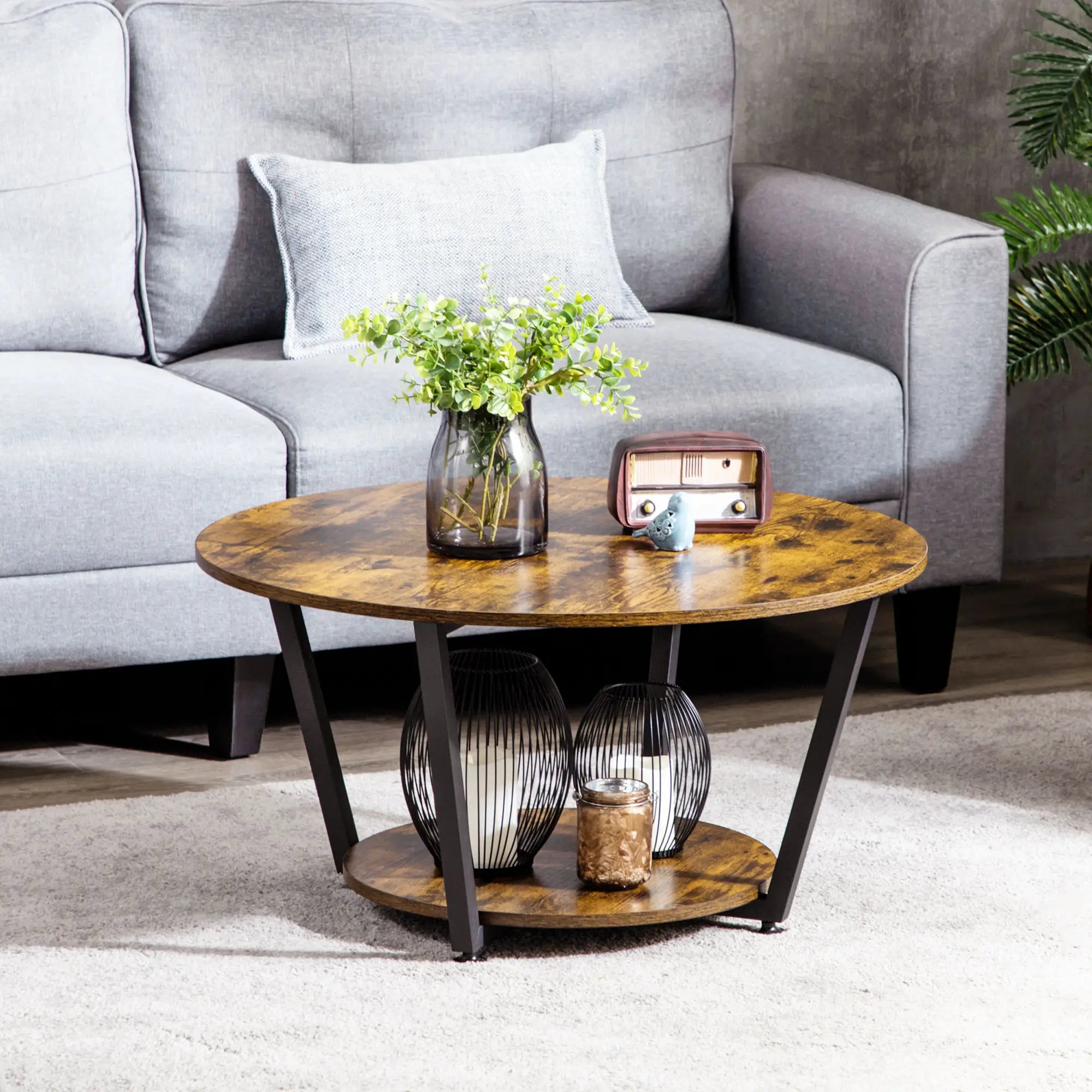 2-Tier Round Coffee Table, Storage Shelf, Steel Frame, Rustic Brown, Brown Coffee Tables at Gallery Canada