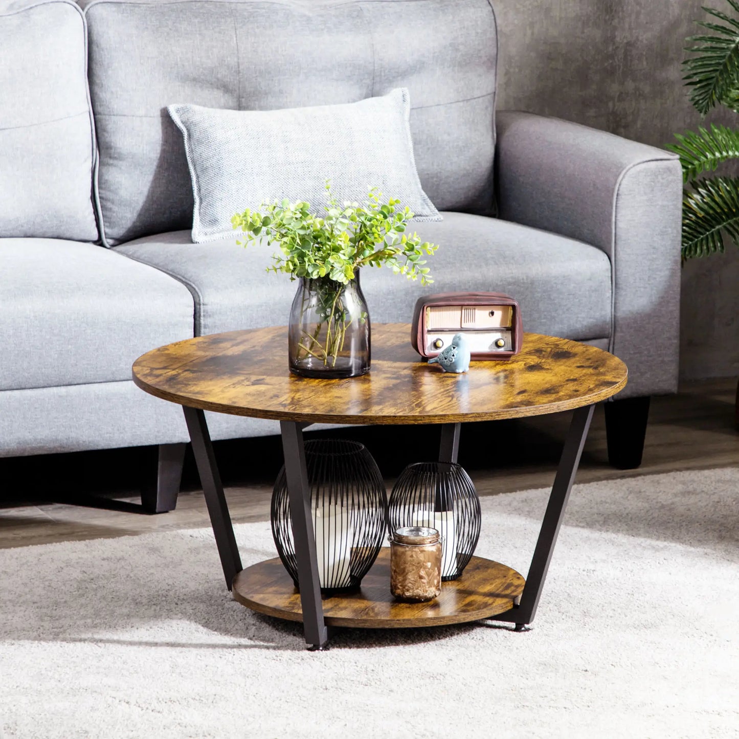 2-Tier Round Coffee Table, Storage Shelf, Steel Frame, Rustic Brown, Brown Coffee Tables at Gallery Canada