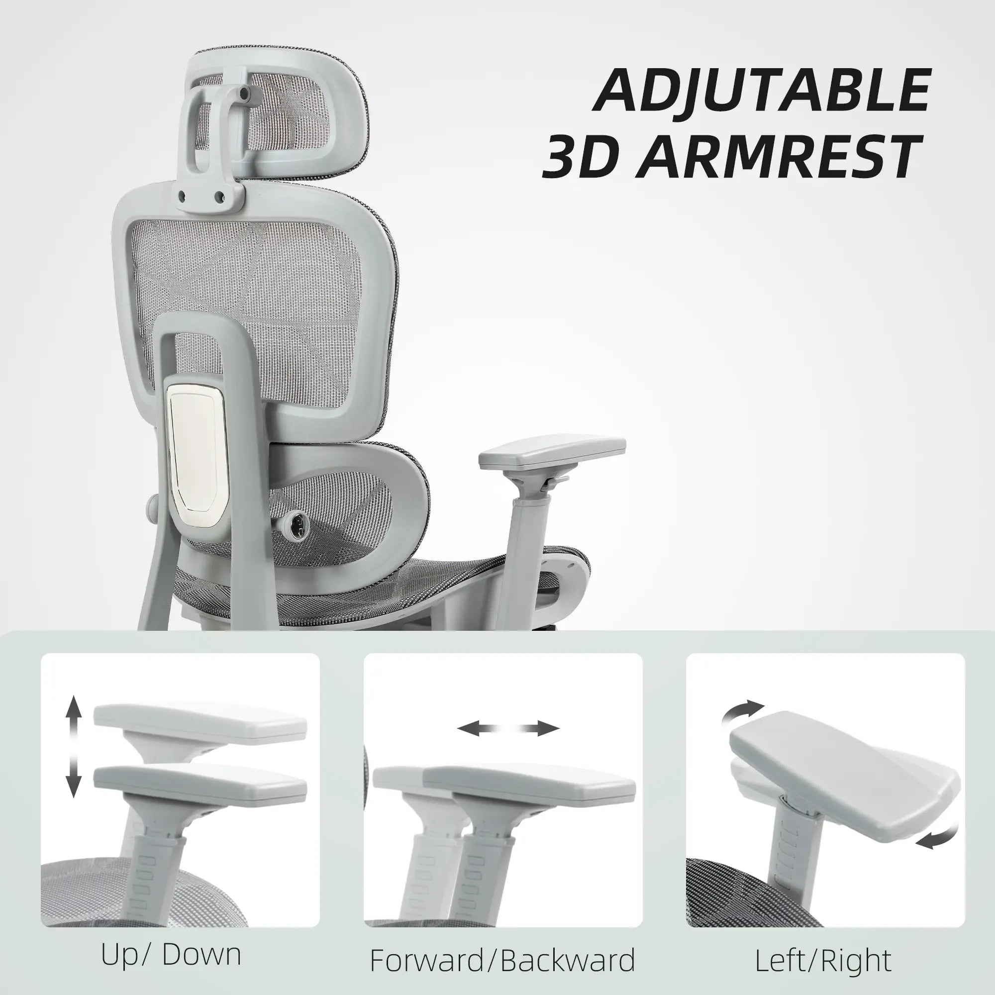 Mesh Office Chair, 3D Armrest, High Back, Lumbar Support, 135° Recline, Adjustable Headrest, Grey Executive & Manager Chairs at Gallery Canada
