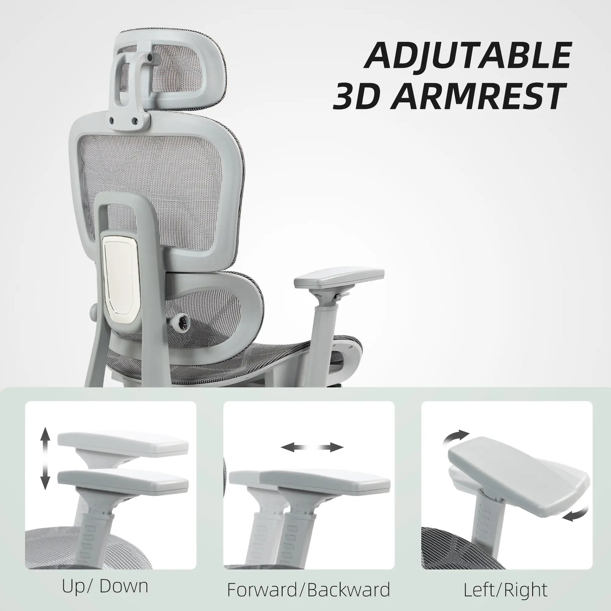 Mesh Office Chair, 3D Armrest, High Back, Lumbar Support, 135° Recline, Adjustable Headrest, Grey Executive & Manager Chairs at Gallery Canada