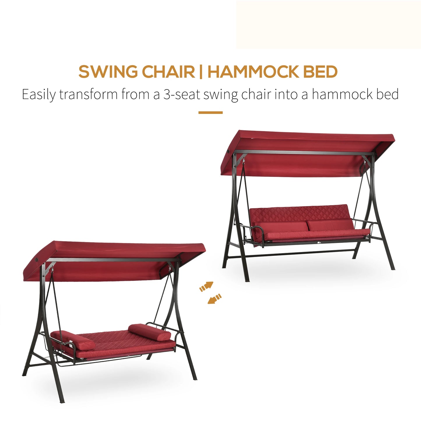 3 Person Porch Swing Bed, Outdoor Patio Chair with Canopy, Cushions, Red Patio Swings with Stand at Gallery Canada