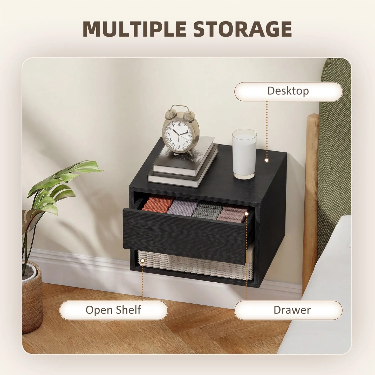 Floating Nightstand Set of 2, Wall Mounted Bedside Table with Drawer, Black