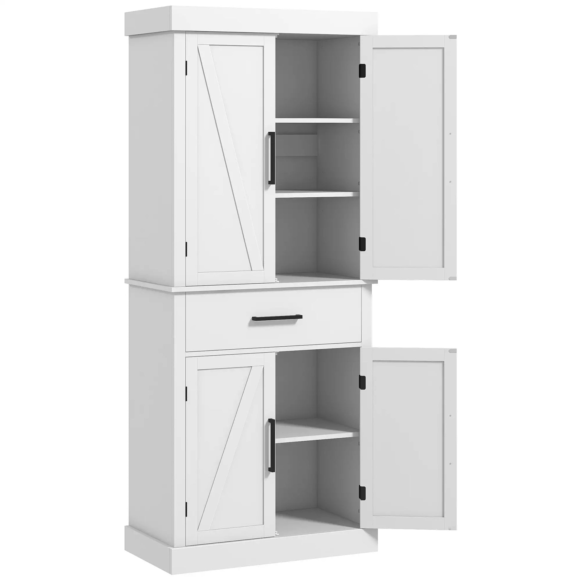 72" Kitchen Storage Cabinet, Farmhouse Pantry, 4 Barn Doors, Drawer, Adjustable Shelves, White Kitchen Pantry Cabinets White at Gallery Canada