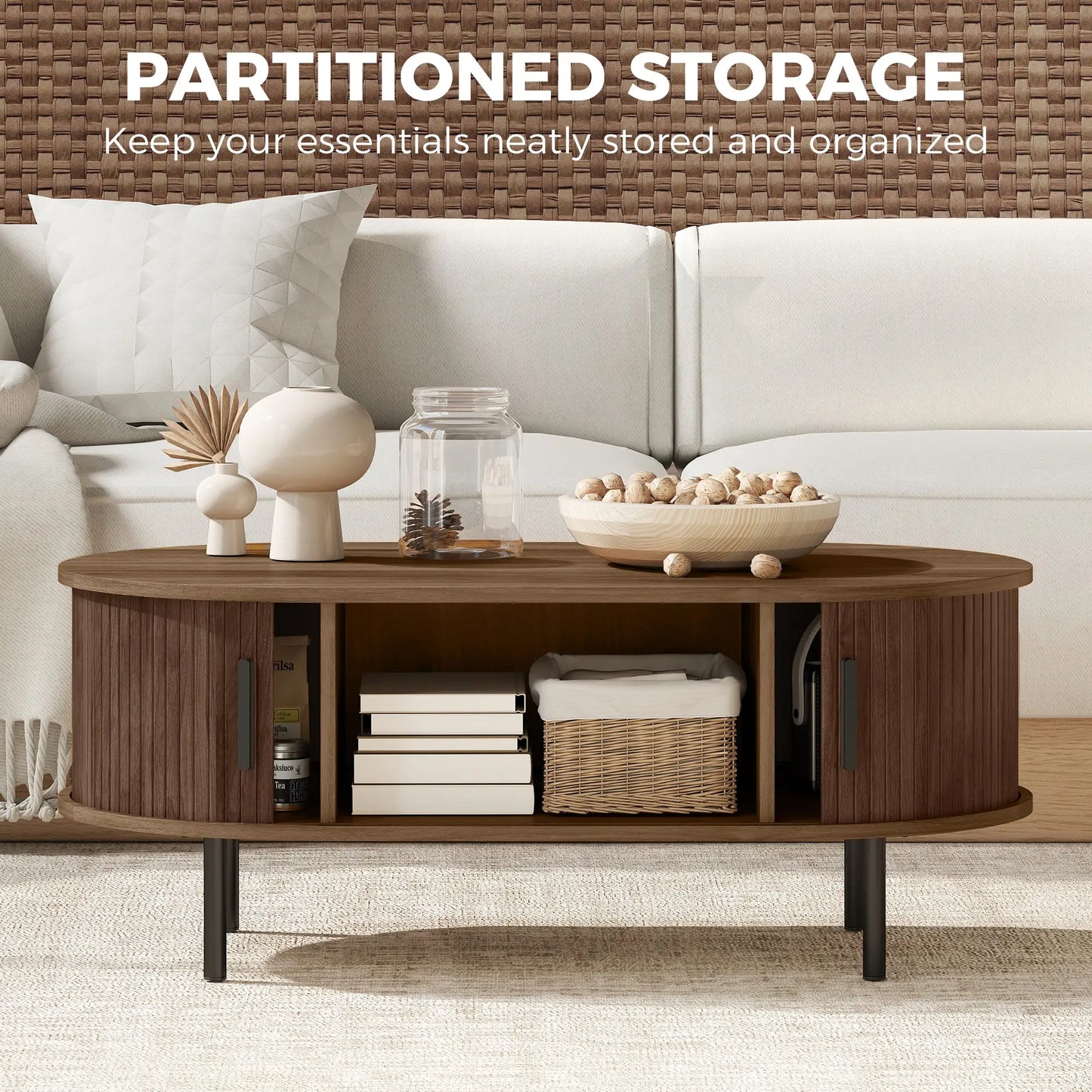 Coffee Table with Sliding Tambour Doors and Storage Center Table with Metal Legs, 39", Brown