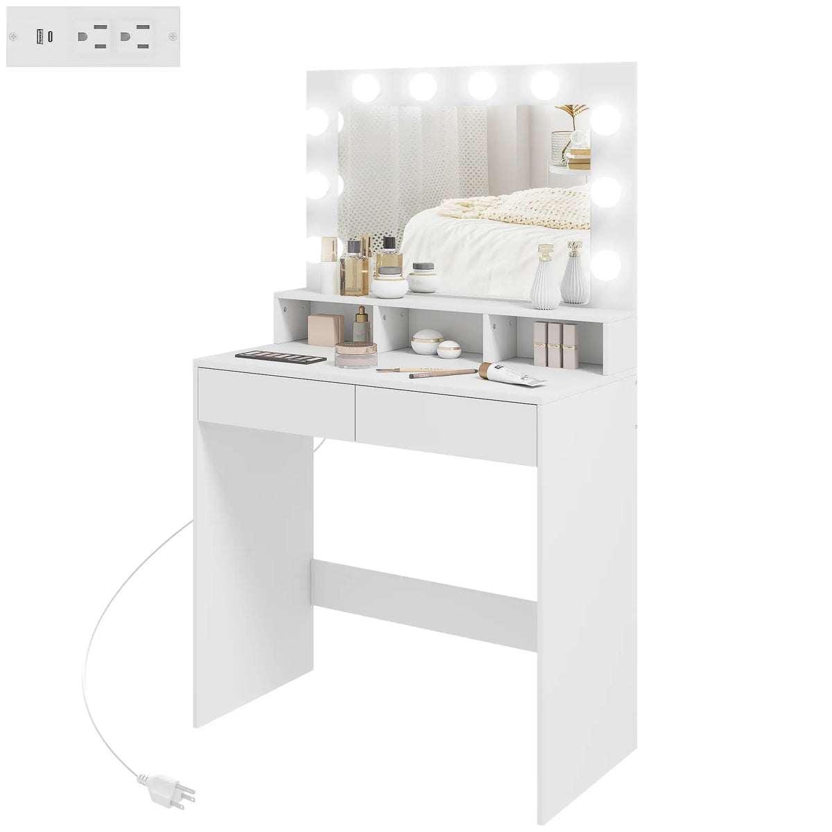 Vanity Table with LED Mirror, Charging Station, Drawers, White Dressing & Vanity Tables White at Gallery Canada