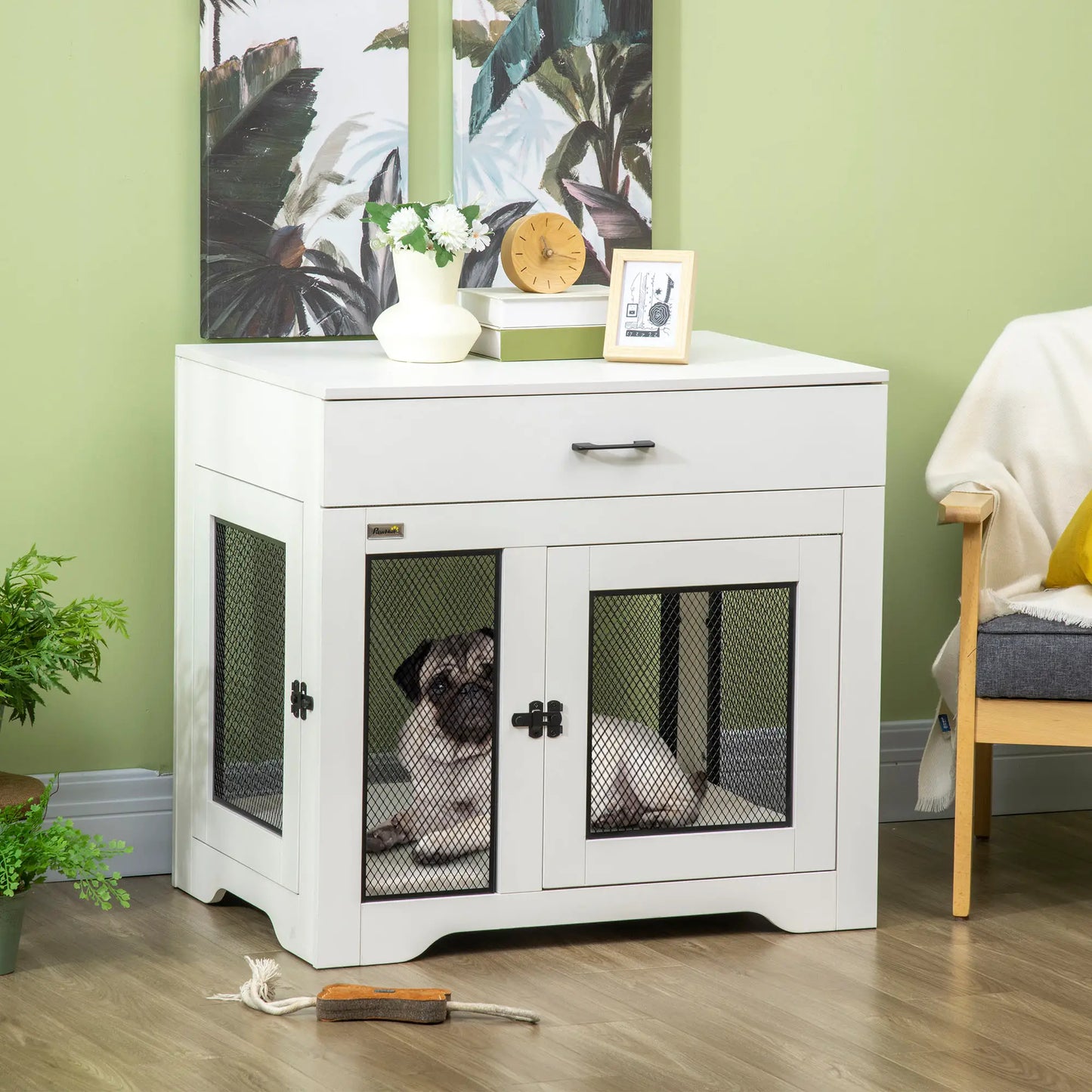 Dog Crate Furniture with Cushion, 2 Doors, Storage, White Houses, Kennels & Pens at Gallery Canada