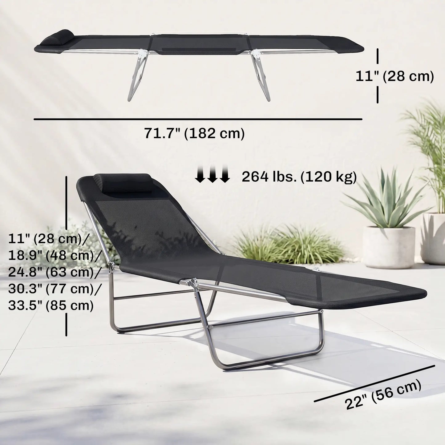 Portable Adjustable Reclining Lounge Chair, Folding Chaise, Black Lounger Chairs at Gallery Canada