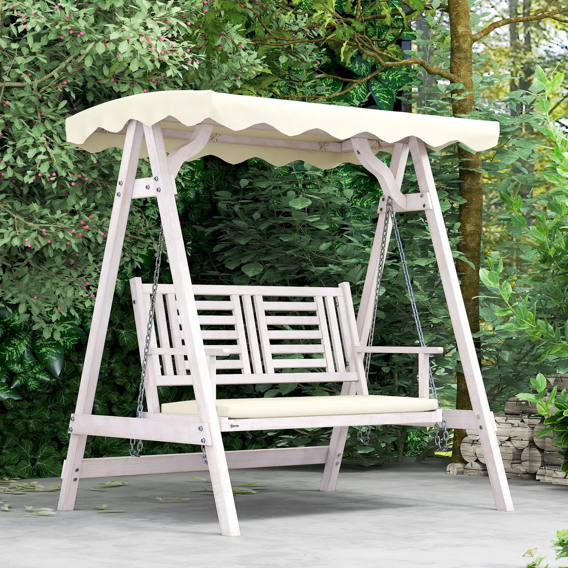 2 Seater Patio Swing with Stand, Canopy, Cushion, Wooden Bench Patio Swings with Stand at Gallery Canada