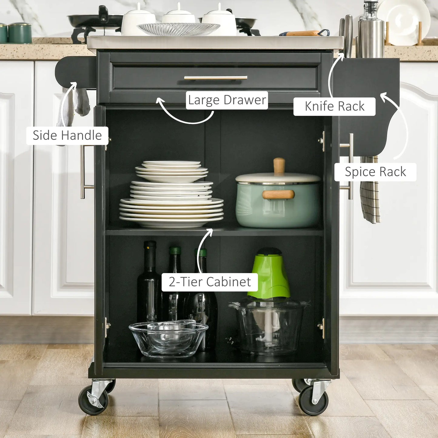 Kitchen Island with Stainless Steel Top, Rolling Cart, Storage Drawer, Black Kitchen Islands & Kitchen Carts at Gallery Canada