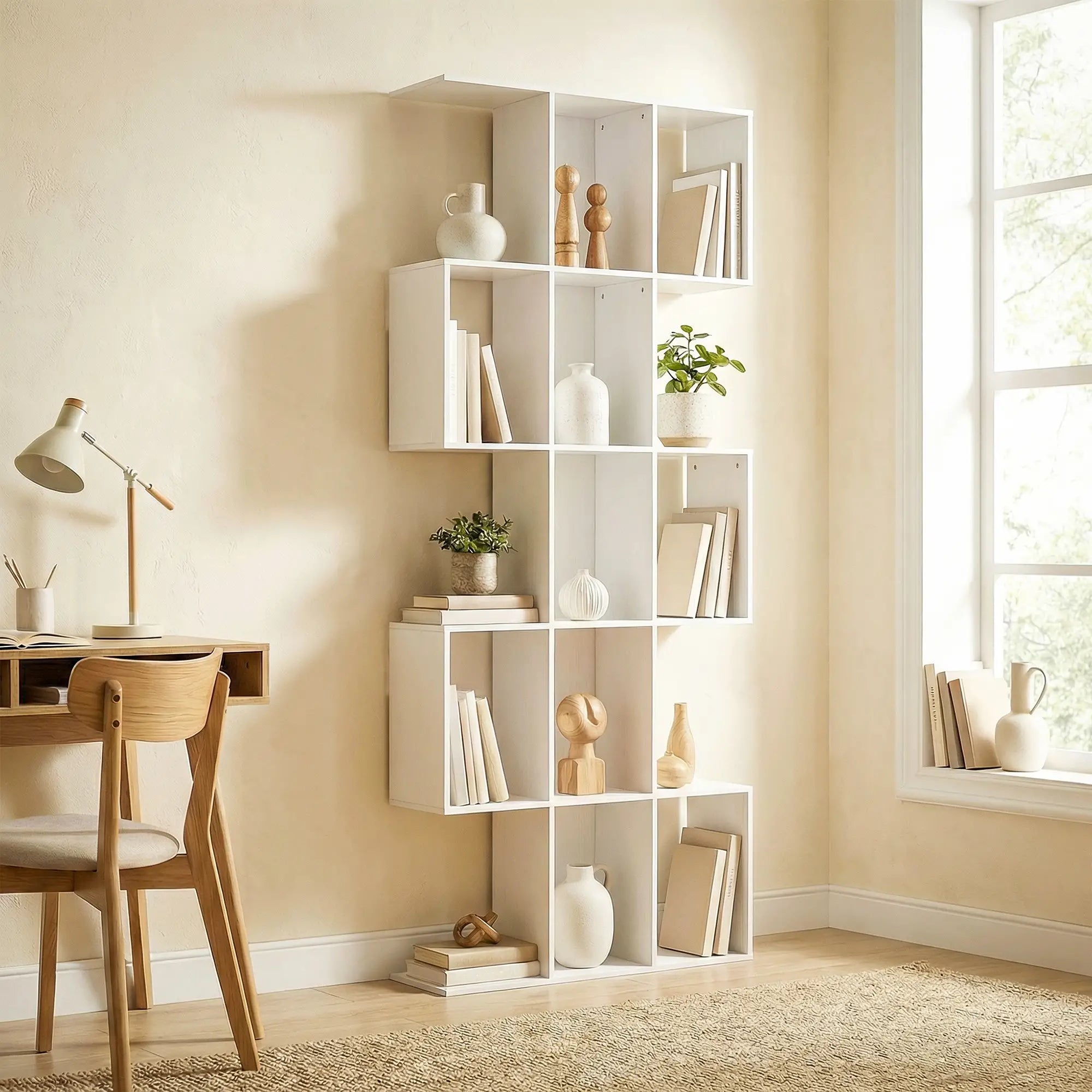 5-Tier Bookshelf, S Shaped Geometric Bookcase, White Wood Grain, White Display Bookshelves at Gallery Canada