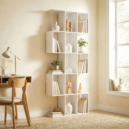 5-Tier Bookshelf, S Shaped Geometric Bookcase, White Wood Grain, White Display Bookshelves at Gallery Canada