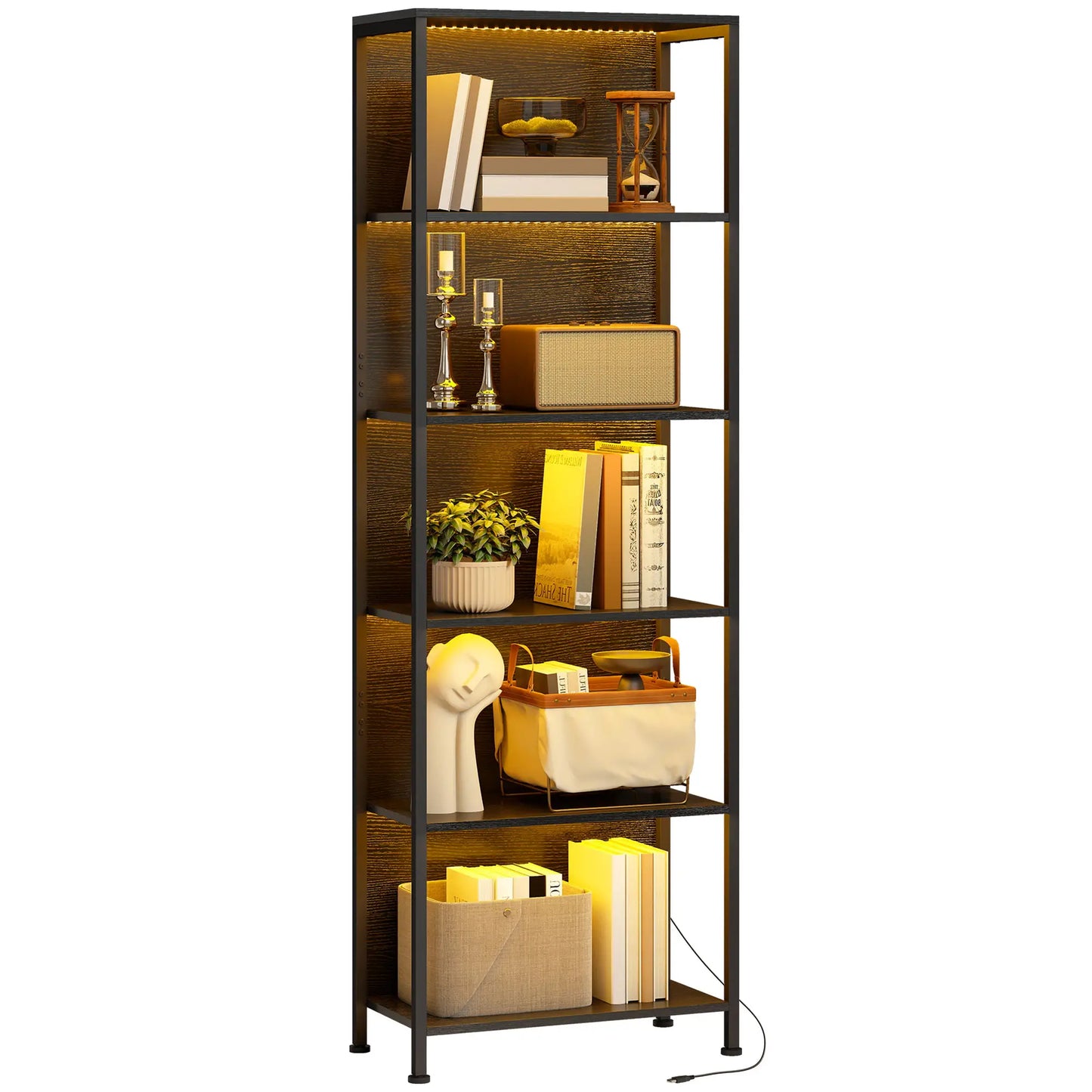 5-Tier Bookshelf With LED Lights, Metal Frame, Black