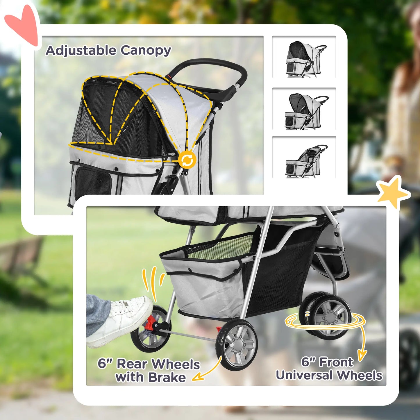 3 Wheel Foldable Dog Stroller, Storage Basket, Adjustable Canopy, Cupholder, Grey Dog Bike Trailers & Strollers at Gallery Canada