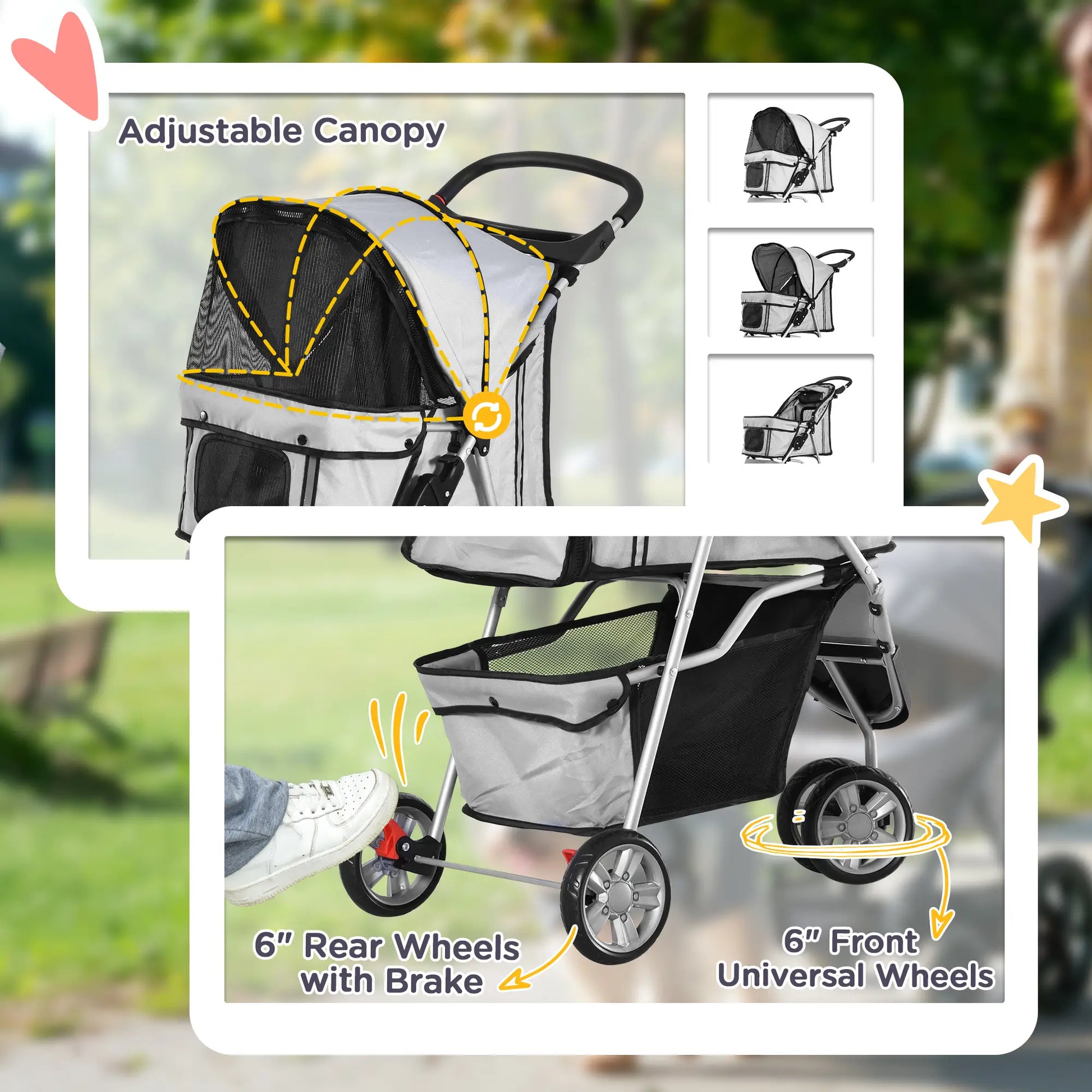 3 Wheel Foldable Dog Stroller, Storage Basket, Adjustable Canopy, Cupholder, Grey Dog Bike Trailers & Strollers at Gallery Canada
