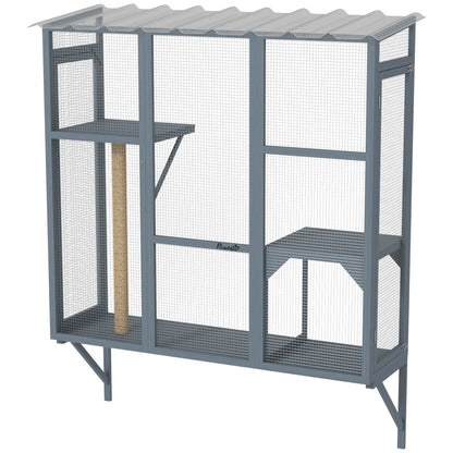 Wooden Catio Outdoor, Cat Window Box Enclosure for 2-3 Large Cats with 2 Jumping Platforms &; Scratching Post, Grey Outdoor Cat Enclosures Grey at Gallery Canada