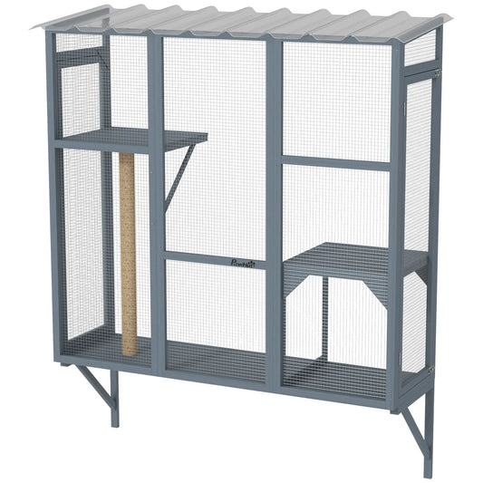 Wooden Catio Outdoor, Cat Window Box Enclosure for 2-3 Large Cats with 2 Jumping Platforms &; Scratching Post, Grey Outdoor Cat Enclosures Grey at Gallery Canada