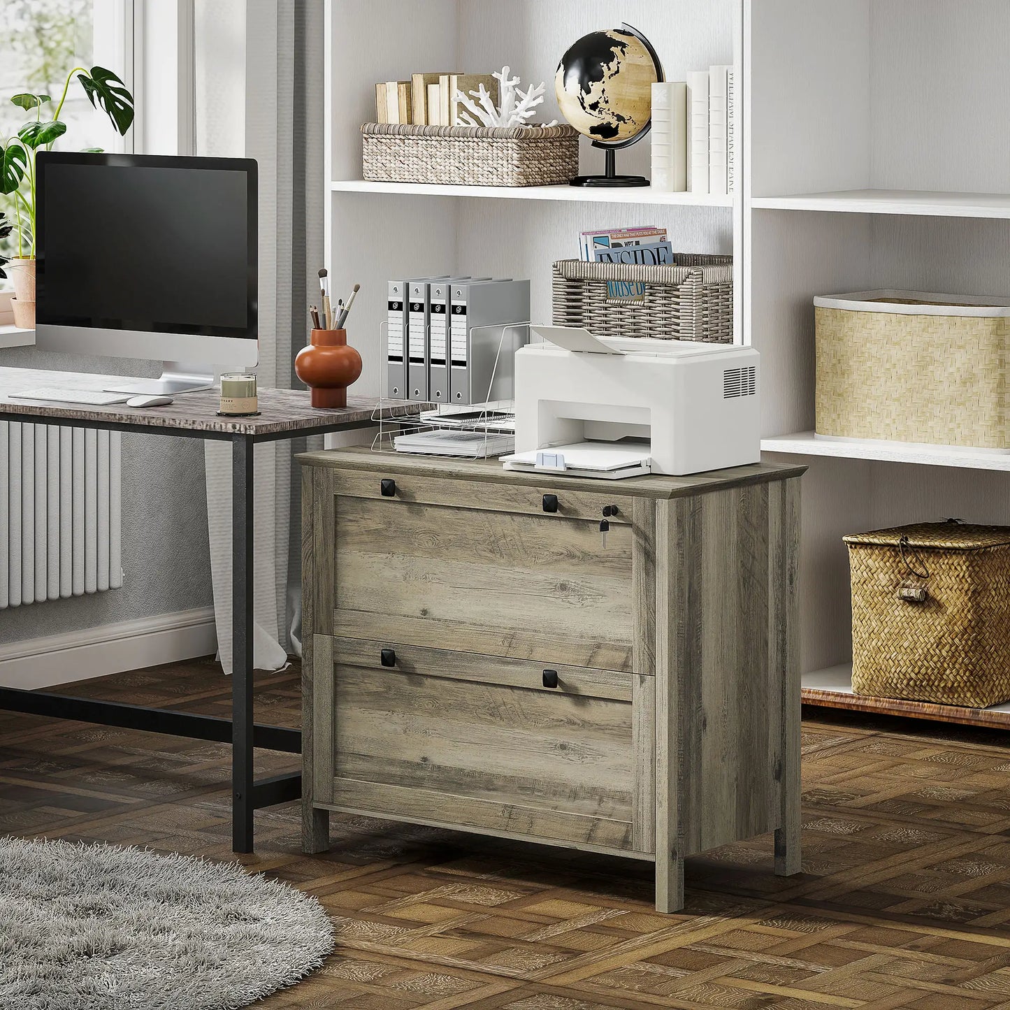2 Drawer File Cabinet, Lockable, Adjustable Hanging Bar, Letter, A4 Size, Weathered Grey Oak Office Cabinets & Cupboards at Gallery Canada