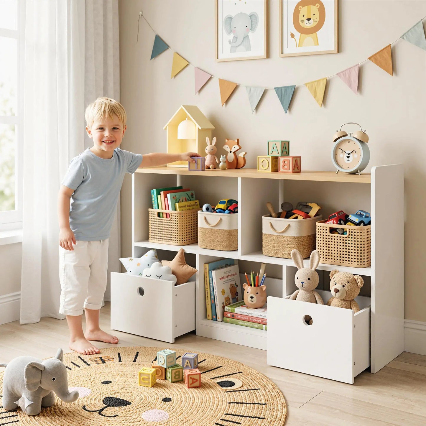 Toy Storage Organizer, 2 Drawers 3 Cubbies, White