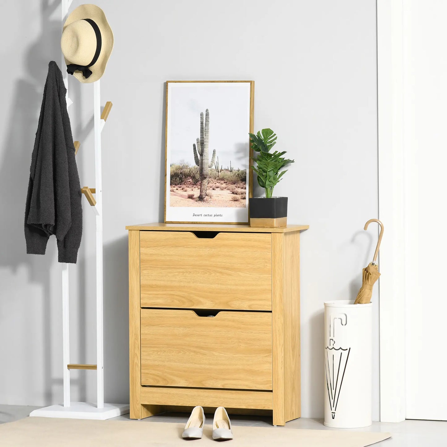 Shoe Storage Cabinet, 2 Flip Drawers, Adjustable Shelves, 12 Pairs, Natural Wood Shoe Storage Cabinets & Racks at Gallery Canada