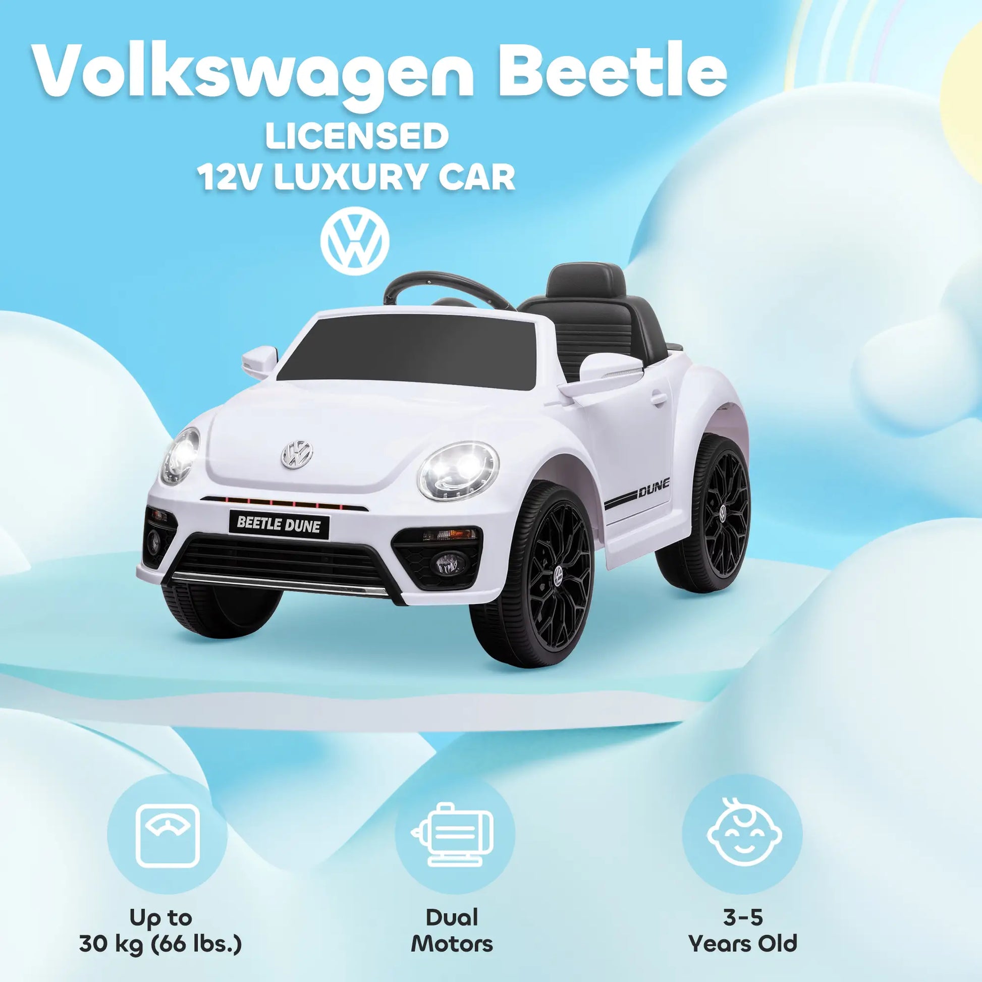 12V Volkswagen Beetle Kids Electric Car, Remote Control, White Electric Toy Cars at Gallery Canada