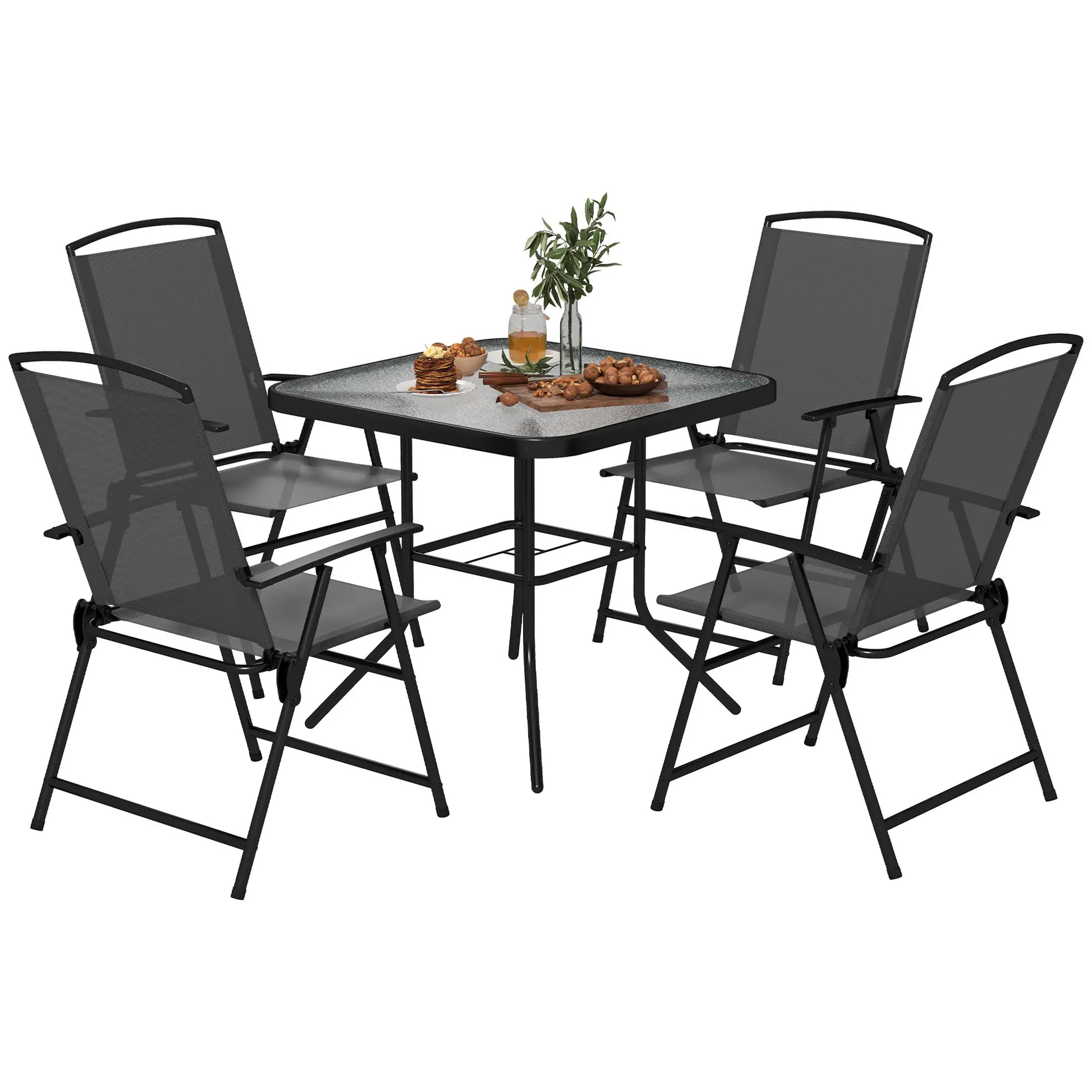 5-Piece Outdoor Dining Set, Glass Top Table, 4 Mesh Chairs, Grey Outdoor Dining Sets Grey, Black at Gallery Canada