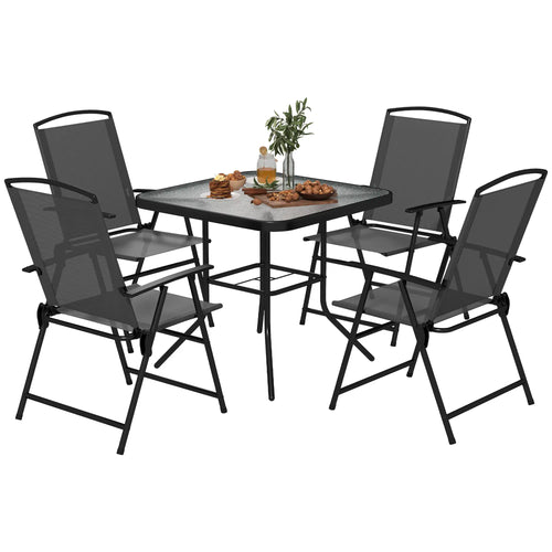 5-Piece Outdoor Dining Set, Glass Top Table, 4 Mesh Chairs, Grey