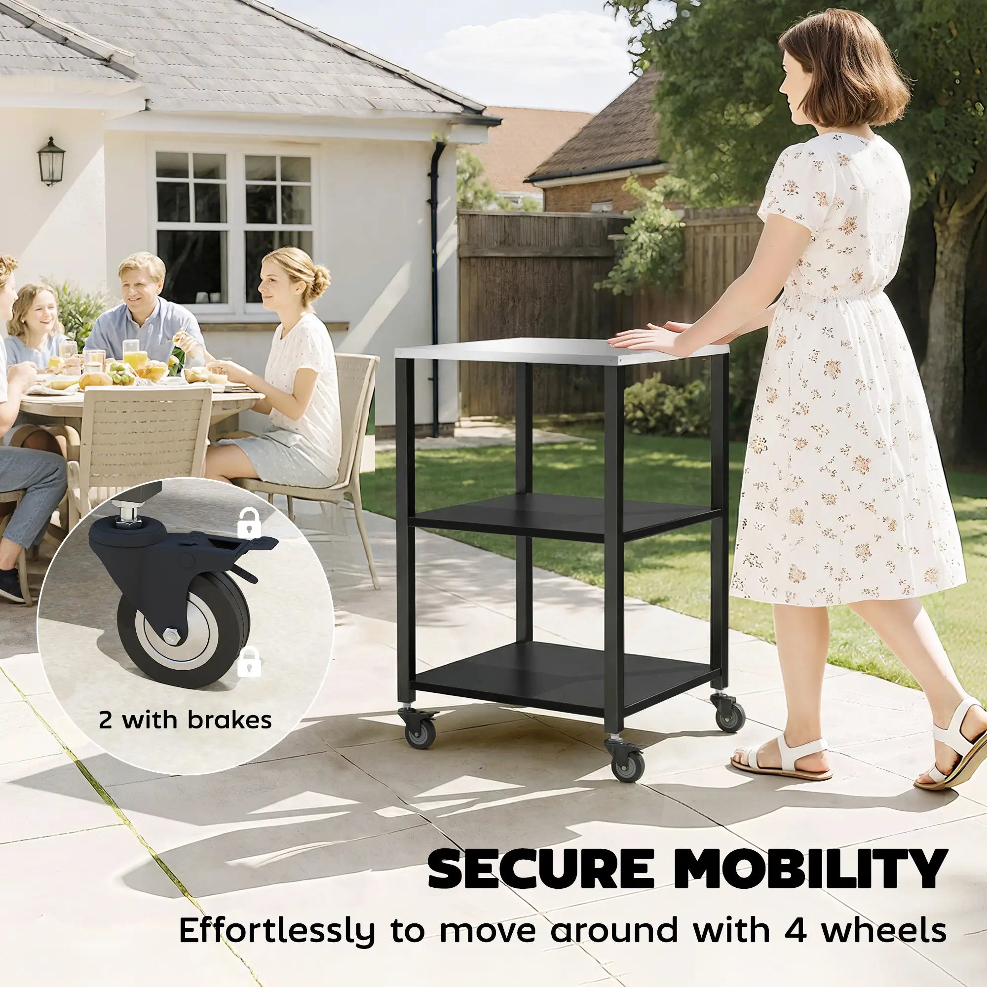 Outdoor Grill Cart, Pizza Oven Stand, 3-Tier Rolling Kitchen Prep Station, Black Outdoor Grill Carts at Gallery Canada