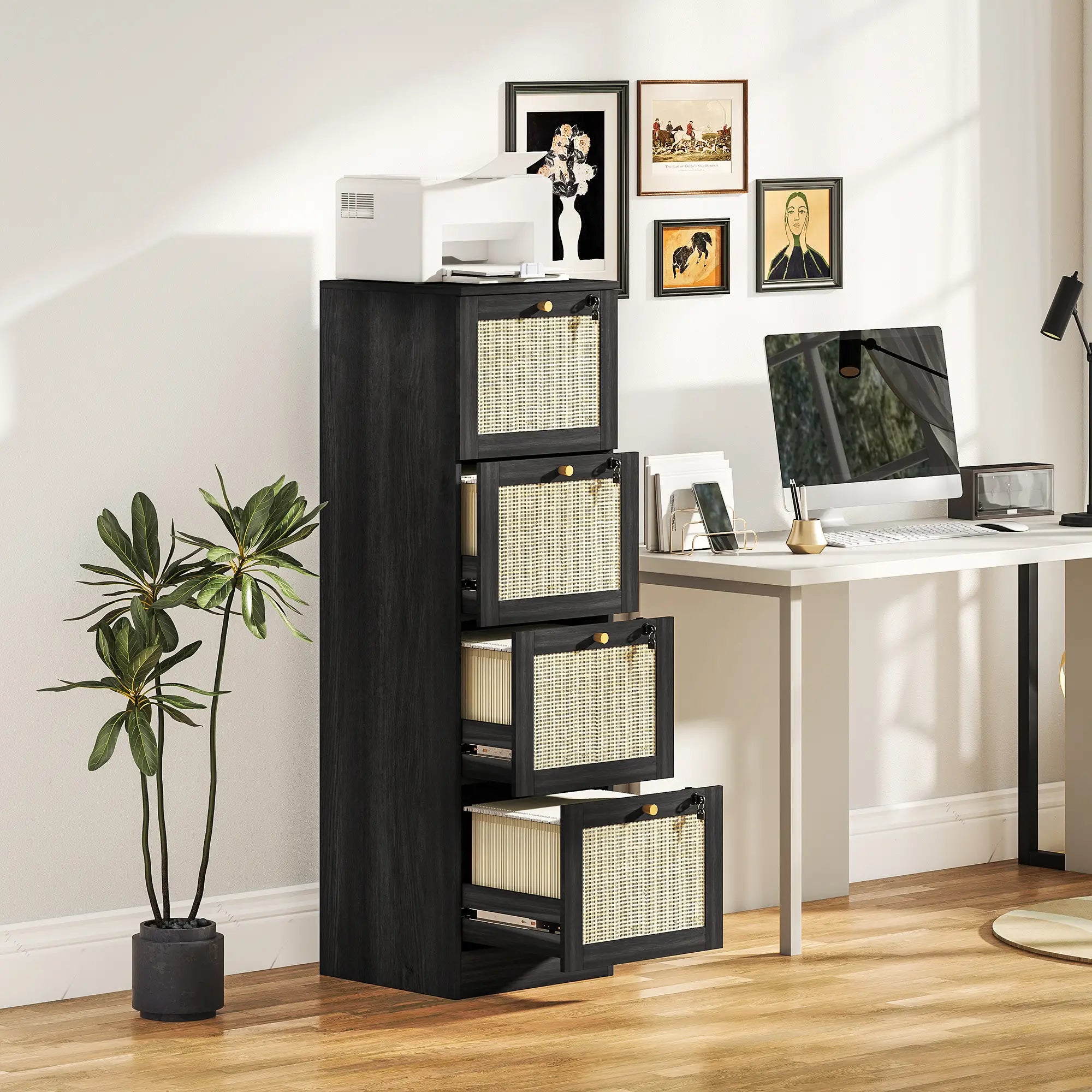 4 Drawer Filing Cabinet with Lock, Boho Style, A4 Letter Size, Black Office Cabinets & Cupboards at Gallery Canada