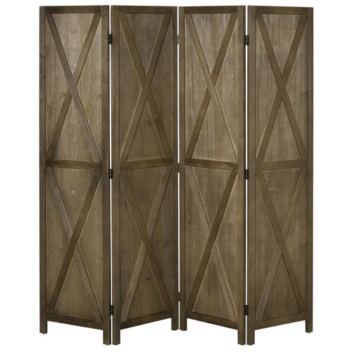 4-Panel Farmhouse Room Divider, Foldable Wooden Frame 5.6FT, Brown