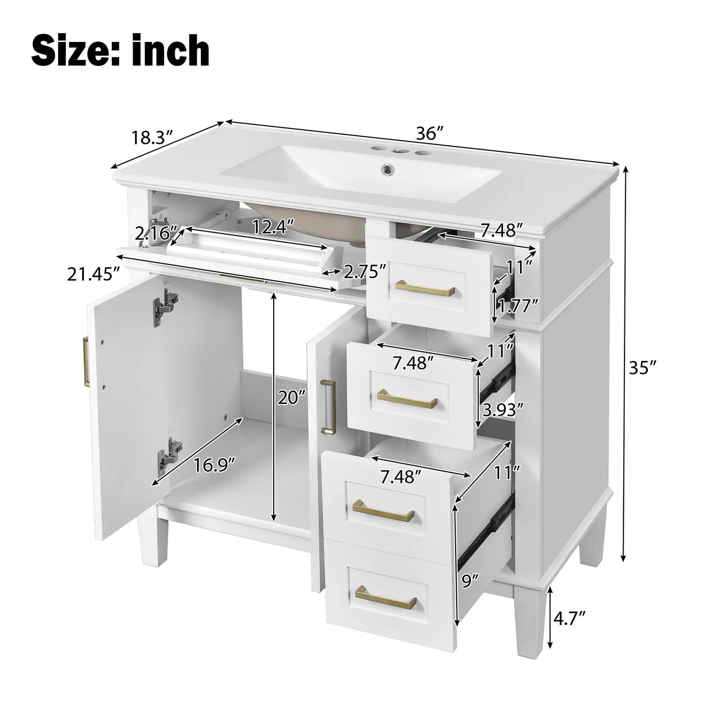 Bathroom Vanity with Ceramic Sink, Soft Close Doors, 4 Drawers, 36" L x 18.5" W x 35" H, White Sink Cabinets at Gallery Canada