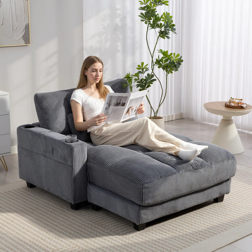 58 Inch Chaise Lounge, Oversized Corduroy Sofa Bed, Dark Grey