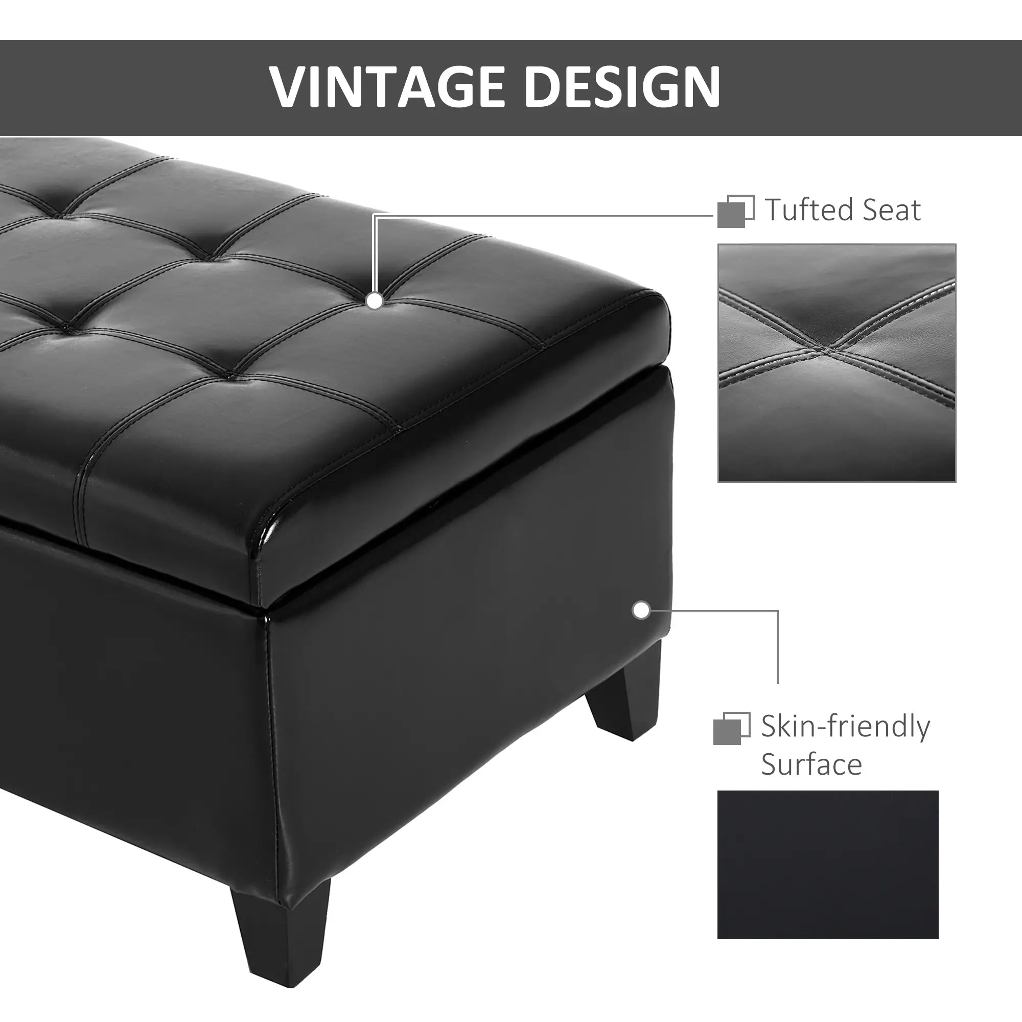 Storage Ottoman Bench, 51 Inches, PU Leather Foot Rest, Black Storage Ottomans & Benches at Gallery Canada