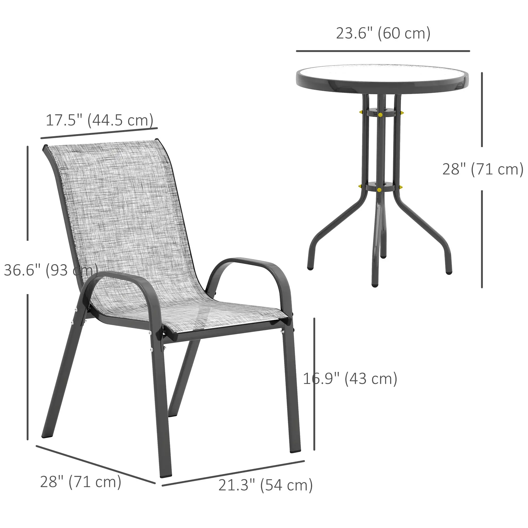 3 Piece Bistro Set, Stackable Mesh Chairs, Glass Table, Grey Bistro Sets at Gallery Canada