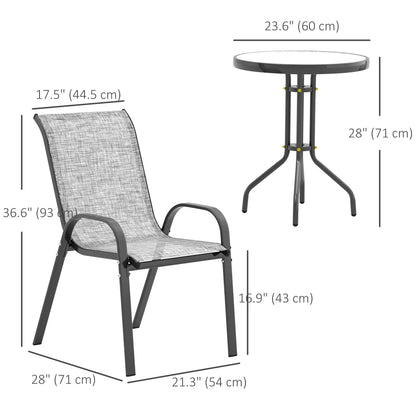 3 Piece Bistro Set, Stackable Mesh Chairs, Glass Table, Grey Bistro Sets at Gallery Canada