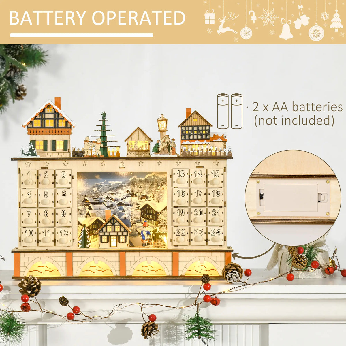 Christmas Advent Calendar, Light Up Wooden Countdown Drawer, Village, Natural Wood Christmas Advent Calendars at Gallery Canada