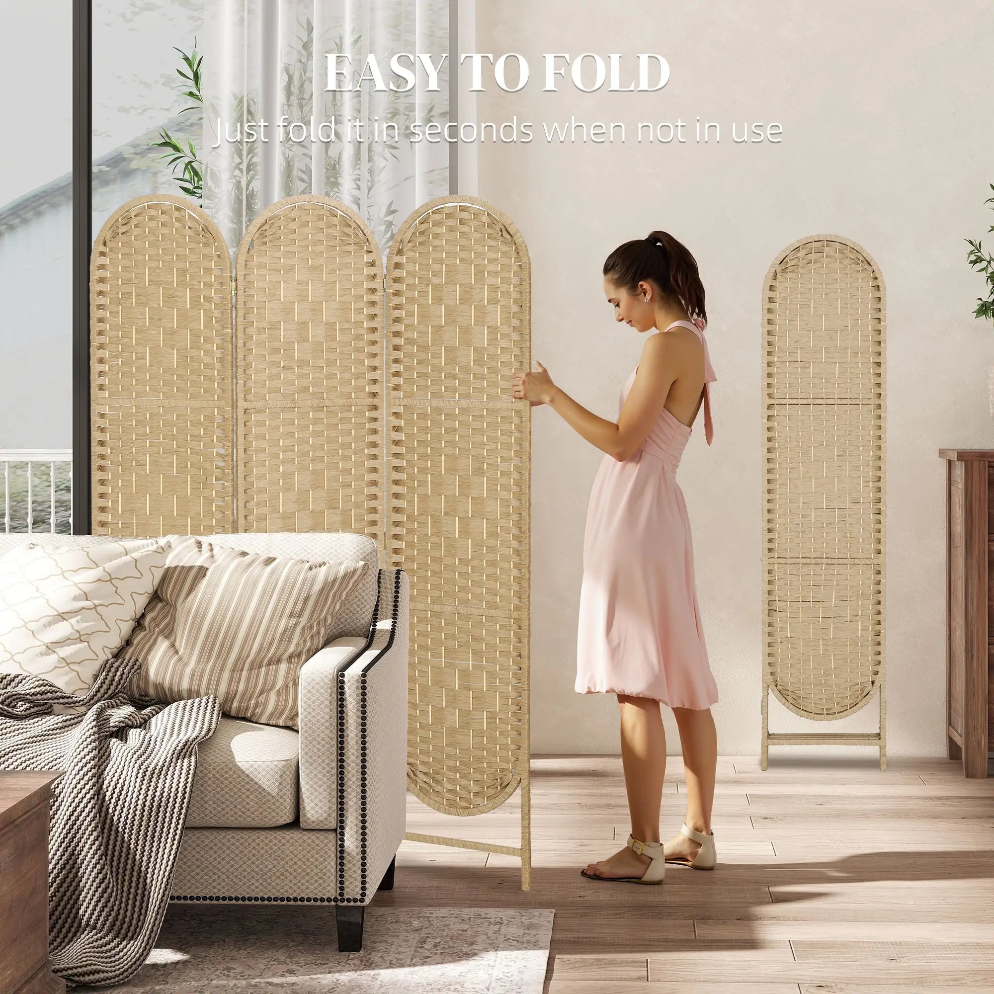 3 Panel Bohemian Privacy Screen, Arched Top Room Divider, Natural Wood Room Dividers at Gallery Canada